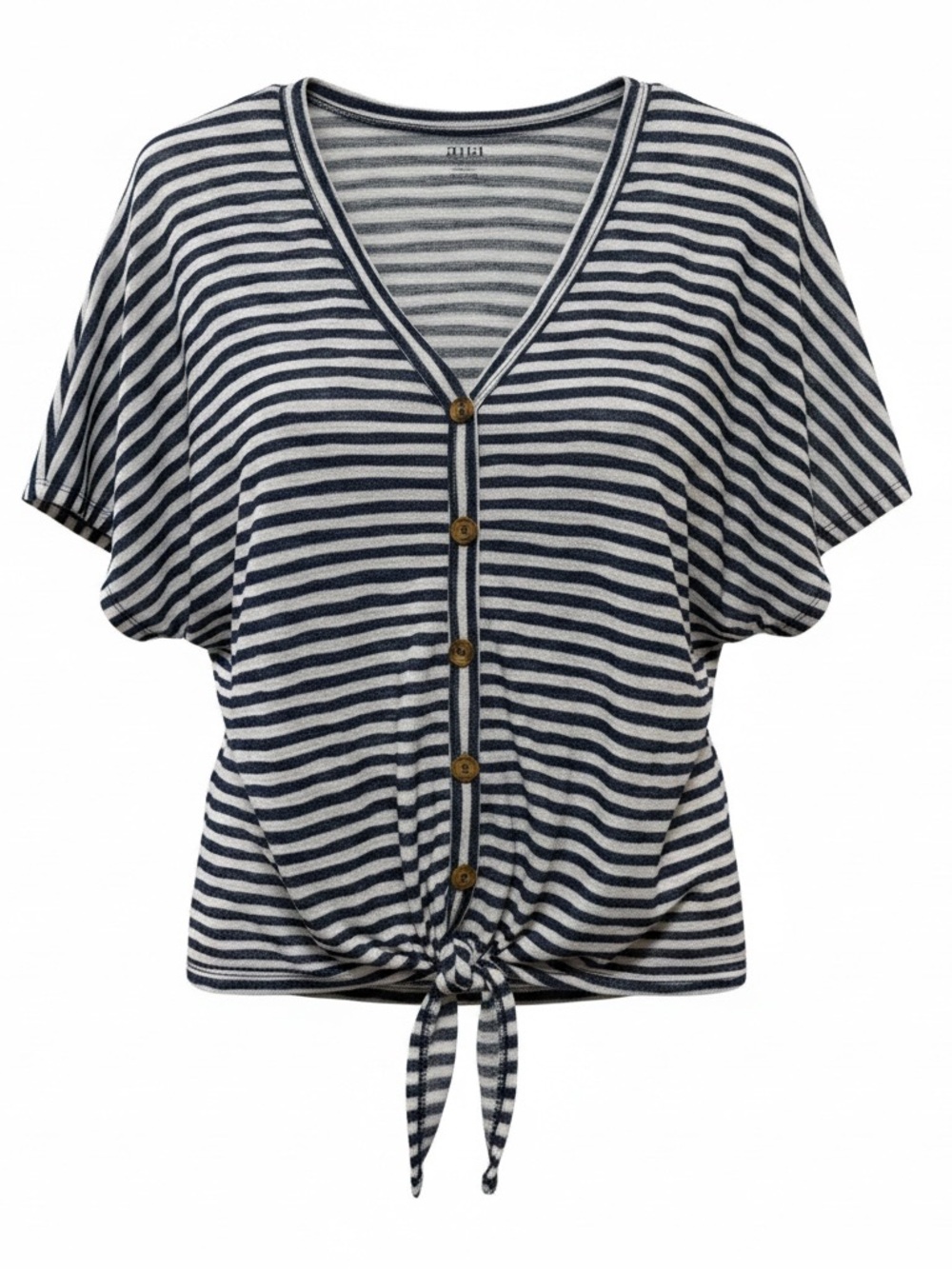 Coastal Grandma Casual Top Striped Button Front Tie-Hem Top in Navy & White